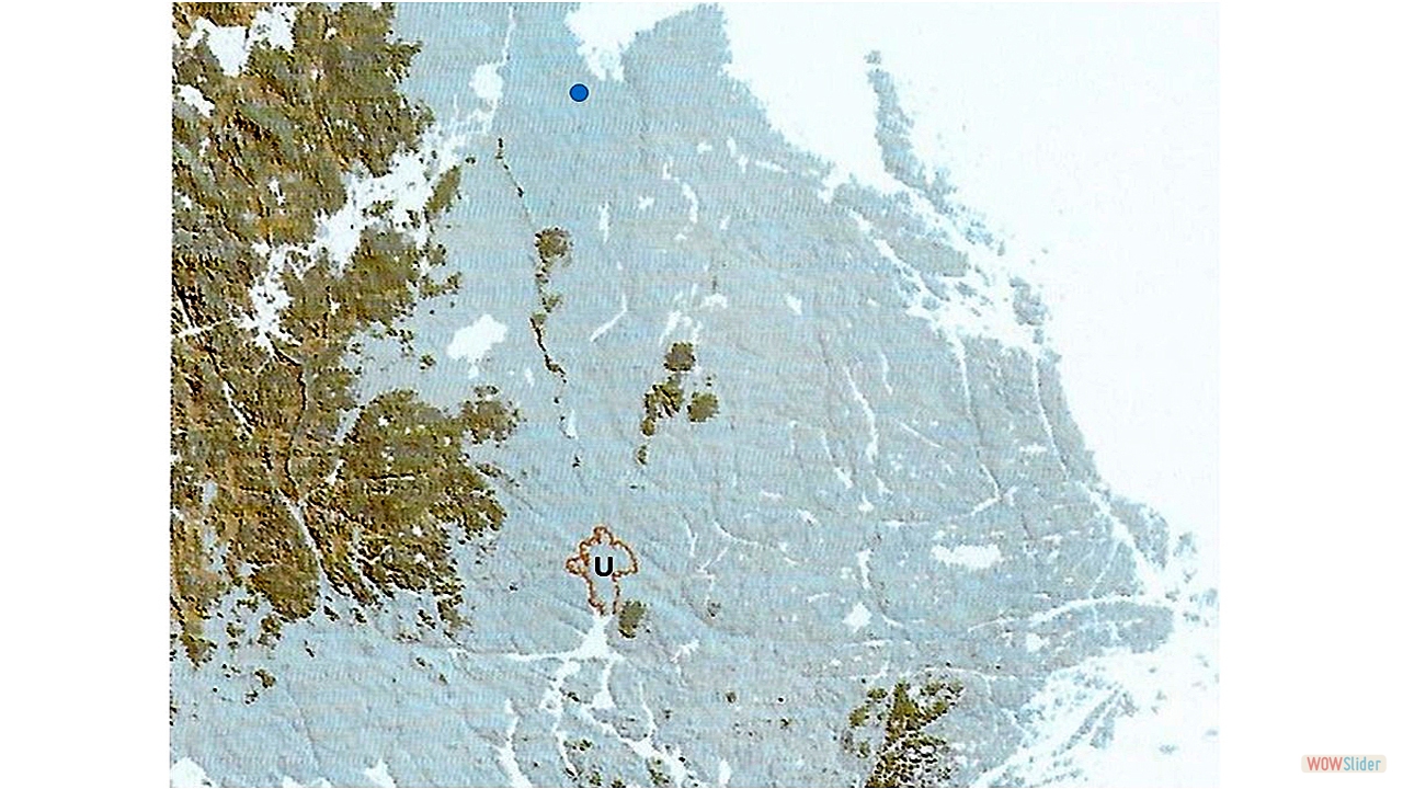 2. 4000 år f.v.t. har landhöjningen kommit igång. Den blå pricken i norr är Sandby. U i mitten av kartan = Uppsala. Kartor av Jonathan Lindström.