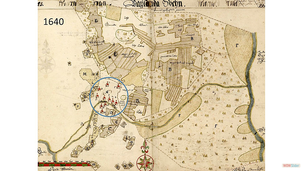 23. Den äldsta kartan över Sandby från 1640 visar 11 stamhemman grupperade runt Sandbyån.