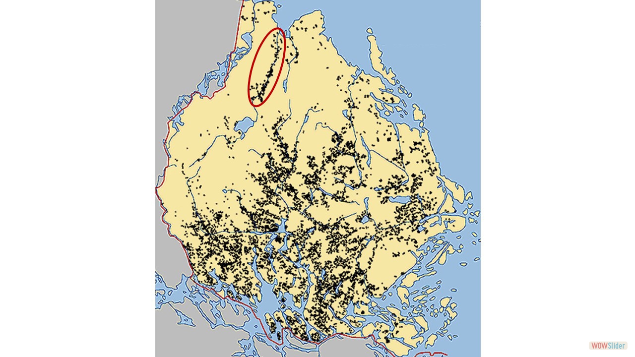 7. Kartan visar fornlämningar i Uppland. Rik förekomst i söder, glest i norr förutom runt Tämnarån (det inringade området). Det visar att befolkandet av Uppland har följt vattenvägarna och landhöjningen från söder.
