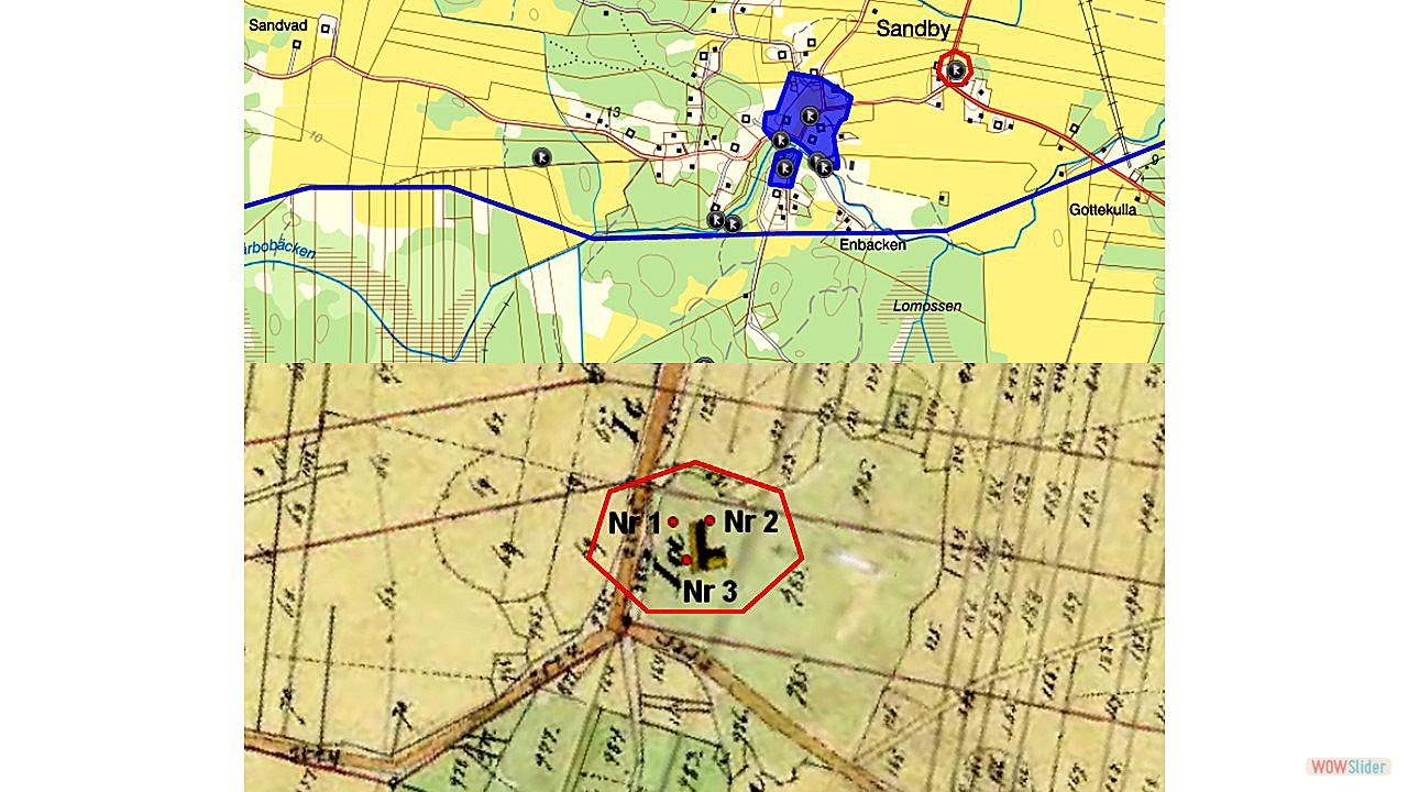 20. Enligt lagaskifteskartan över Sandby från år 1840 har ett hus stått mellan de tre numren från förstagångsinventeringen 1952. Sannolikt är det lämningar efter en äldre medeltida bebyggelse på platsen.